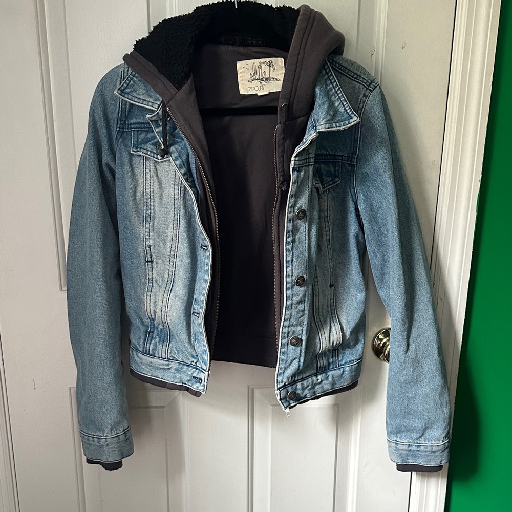 Rip Curl Light Blue Denim Jacket with Dark Gray Hoodie